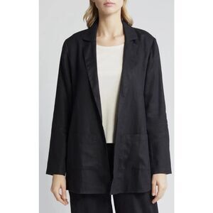 Eileen Fisher Notched Lapel Longline Organic Linen Open Blazer - Size 1X- Black